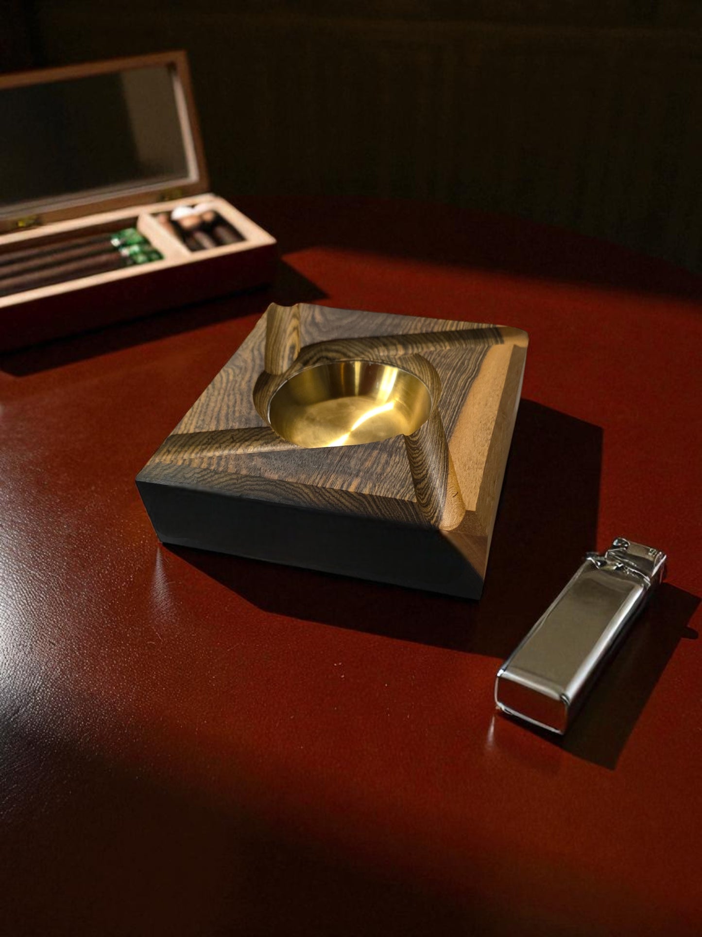 Wooden ashtray with a Brass interior.