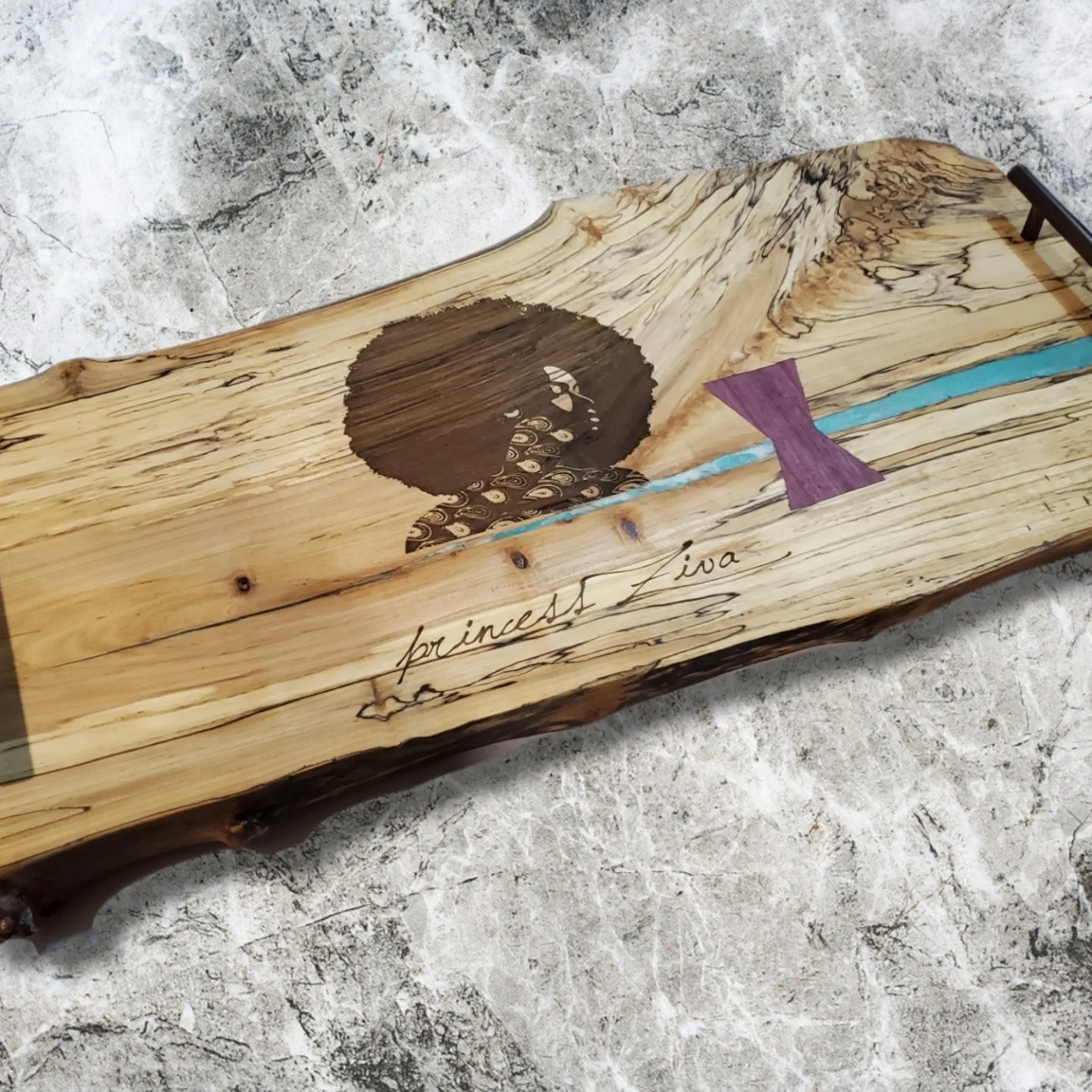 Handcrafted live edge charcuterie board engraved, featuring exotic hardwoods. Made by a veteran-owned small business