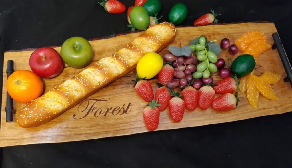 Handcrafted live edge charcuterie board engraved, featuring exotic hardwoods. Made by a veteran-owned small business