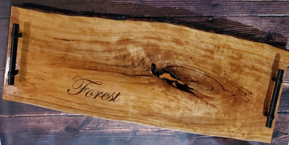 Handcrafted live edge charcuterie board engraved, featuring exotic hardwoods. Made by a veteran-owned small business