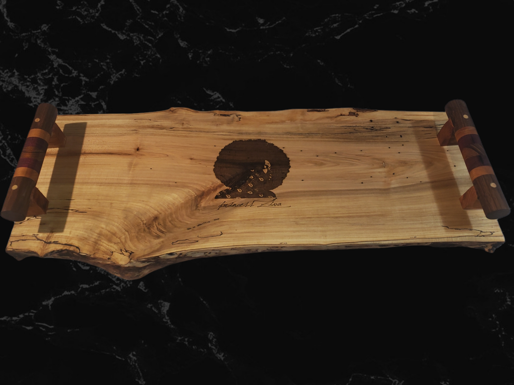 Handcrafted live edge charcuterie board engraved, featuring exotic hardwoods. Made by a veteran-owned small business