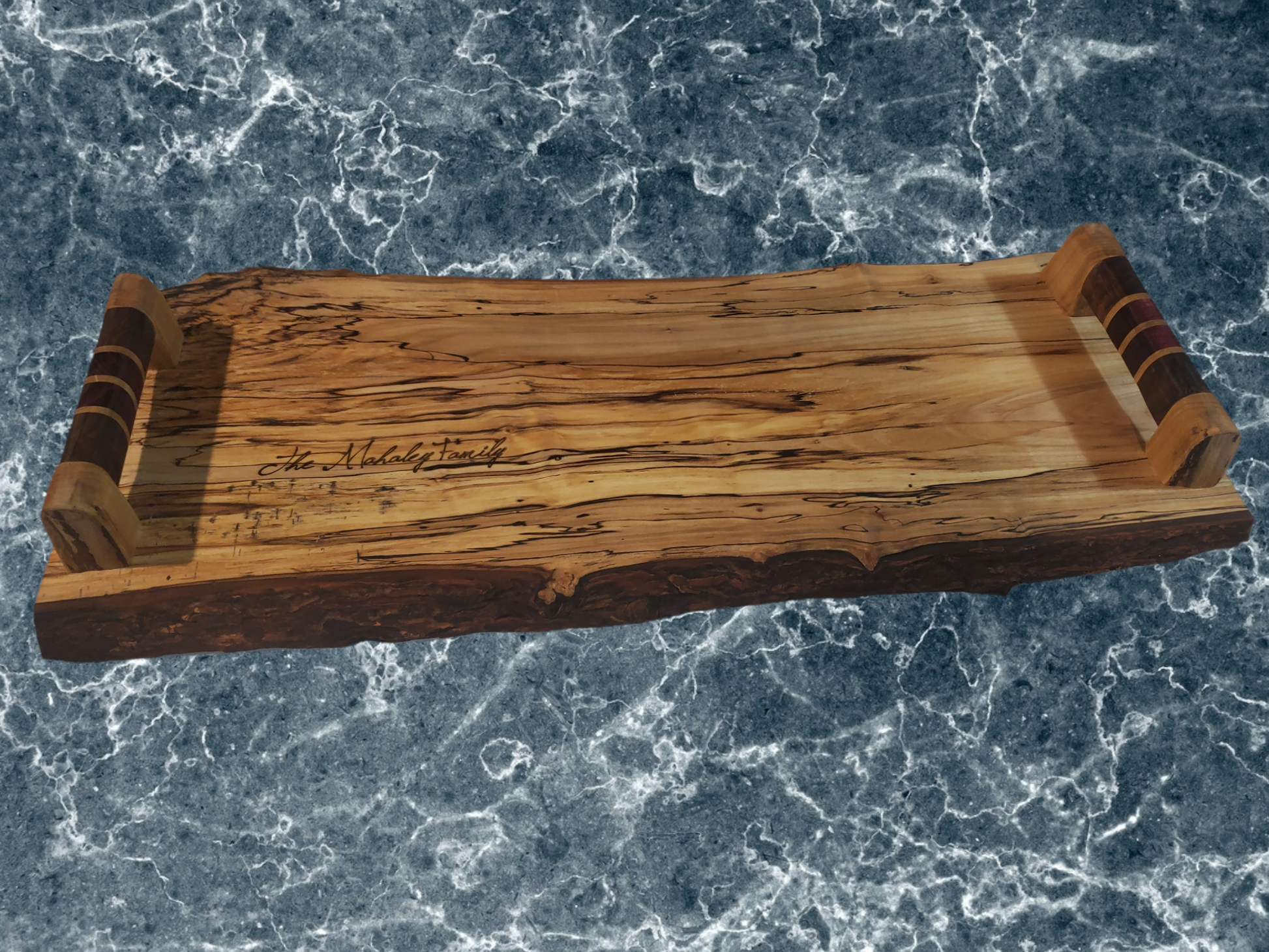 Handcrafted live edge charcuterie board engraved, featuring exotic hardwoods. Made by a veteran-owned small business