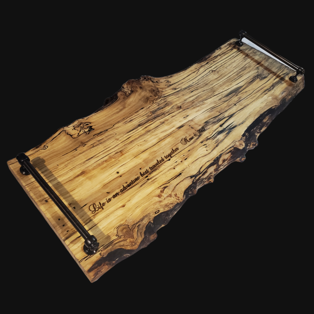 Handcrafted live edge charcuterie board engraved, featuring exotic hardwoods. Made by a veteran-owned small business