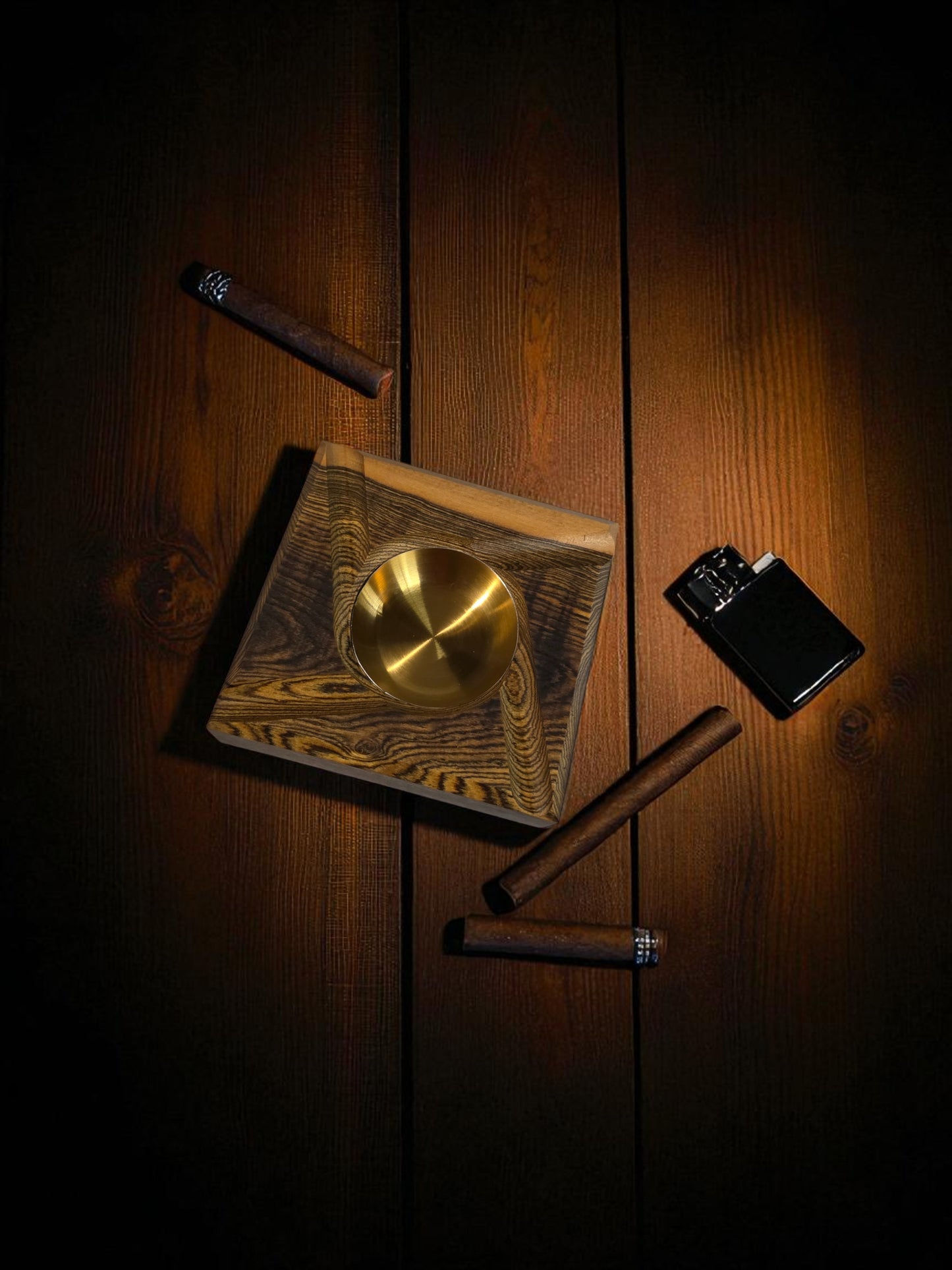 Wooden ashtray with a Brass interior.