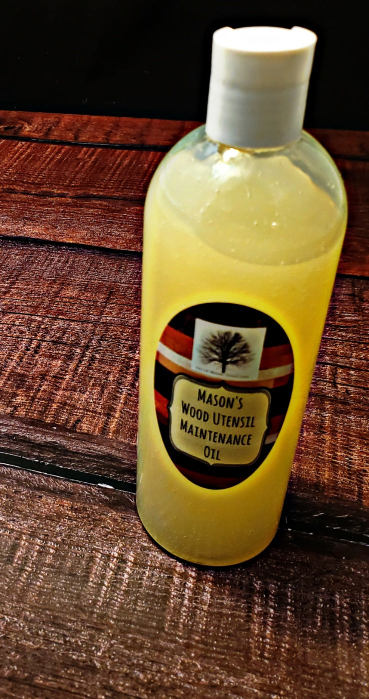 Mason’s Wood Utensil Maintenance Oil — handcrafted by a veteran-owned business, formulated to nourish and protect cutting boards and wooden kitchen tools.