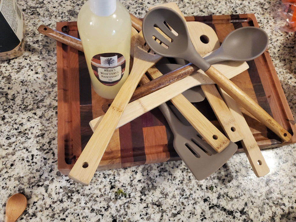 Mason’s Wood Utensil Maintenance Oil — handcrafted by a veteran-owned business, formulated to nourish and protect cutting boards and wooden kitchen tools.