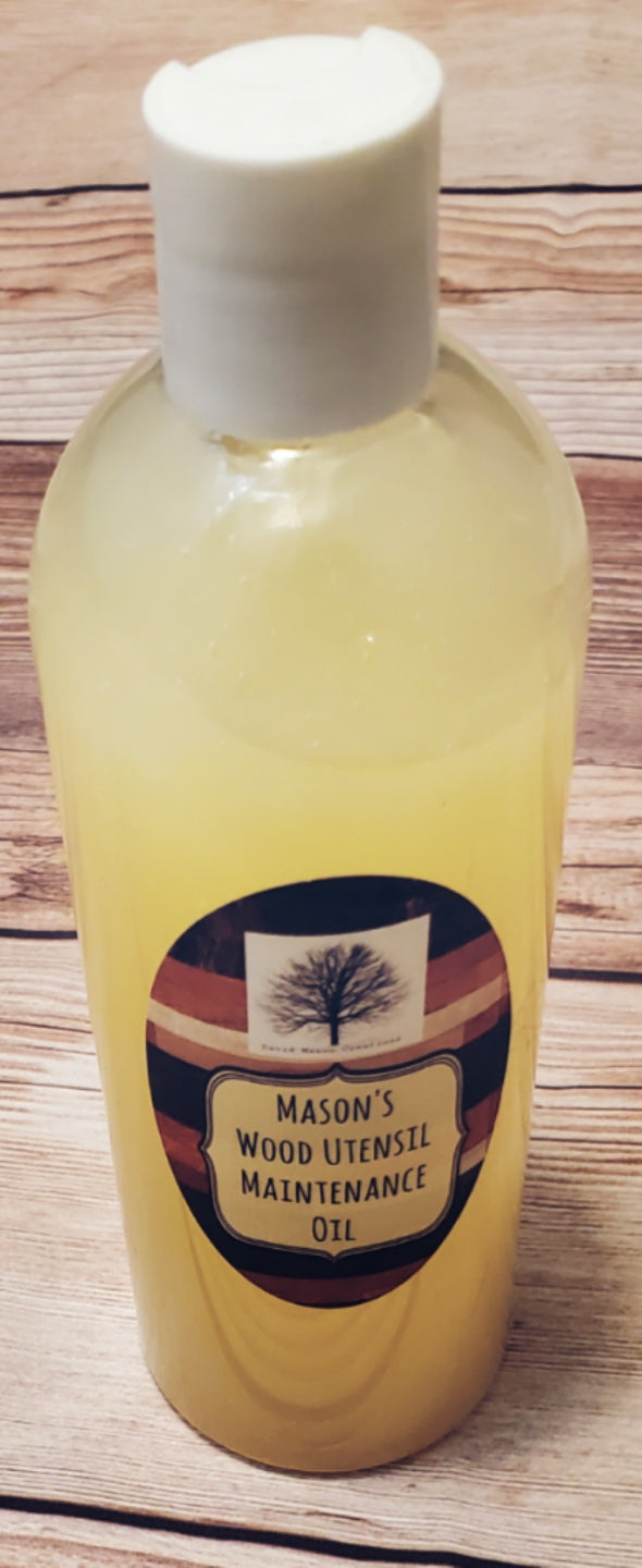 Mason’s Wood Utensil Maintenance Oil — handcrafted by a veteran-owned business, formulated to nourish and protect cutting boards and wooden kitchen tools.