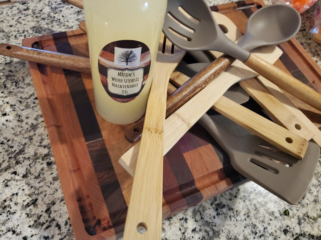 Mason’s Wood Utensil Maintenance Oil — handcrafted by a veteran-owned business, formulated to nourish and protect cutting boards and wooden kitchen tools.