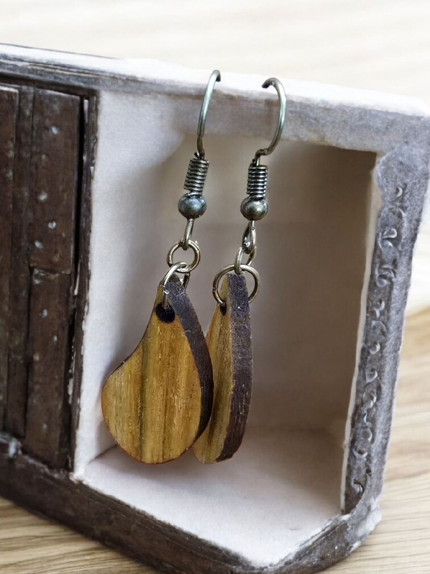 Handmade exotic wood earrings crafted by a veteran-owned small business.