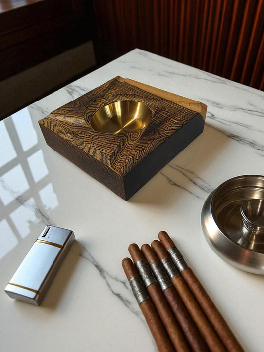 Wooden ashtray with a Brass interior.
